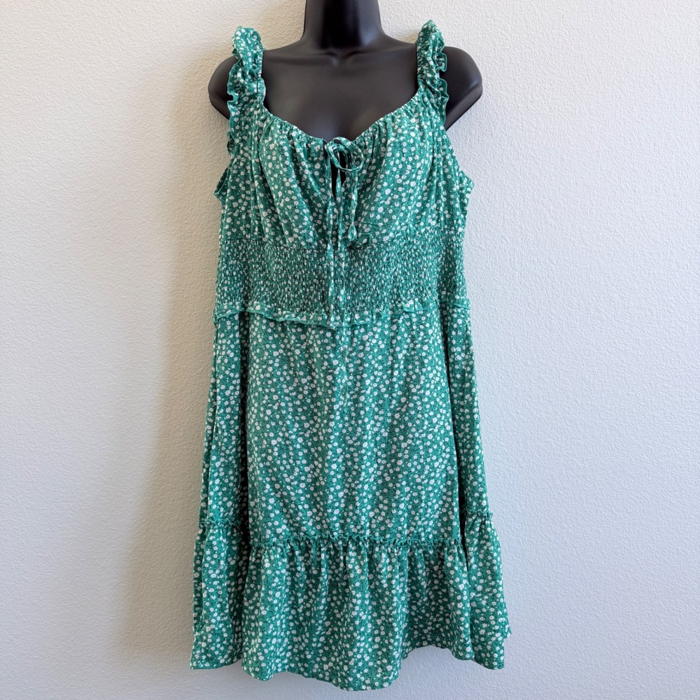 Green Floral Smocked‎ Mini Dress XL White Daisy Ruffle Cottagecore Boho PY0992